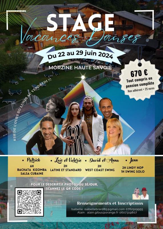 Vacances danses Morzine 22/29 juin 65h de cours SBK-West Coast Swing-Lindy hop-Salon-670€ tout compris